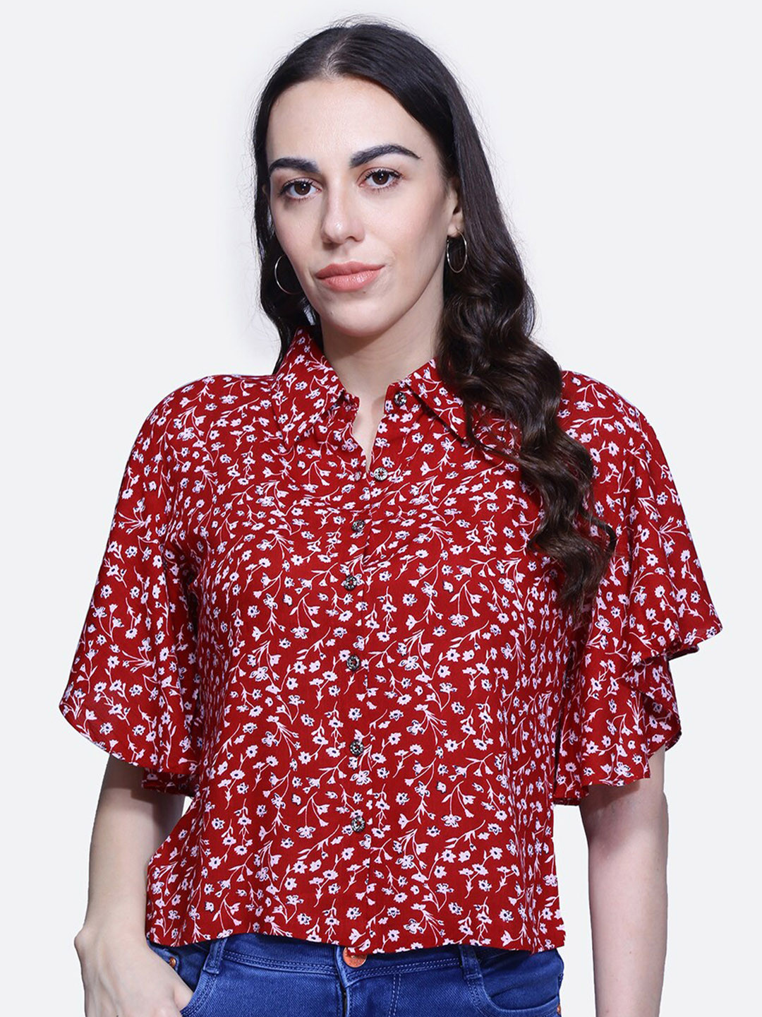 

BAESD Floral Printed Flared Sleeve Shirt Style Top, Maroon