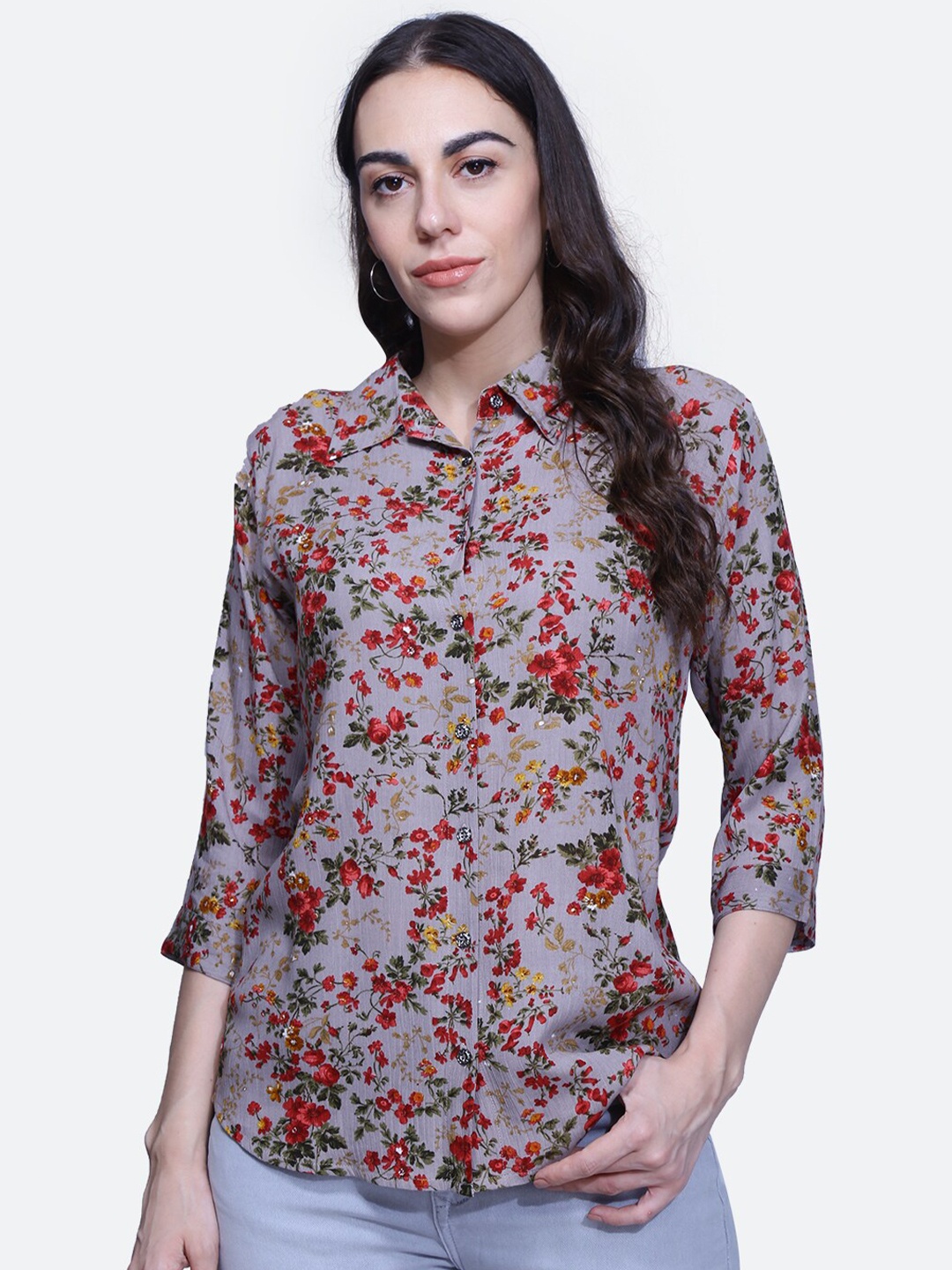 

BAESD Floral Printed Shirt Style Top, Grey