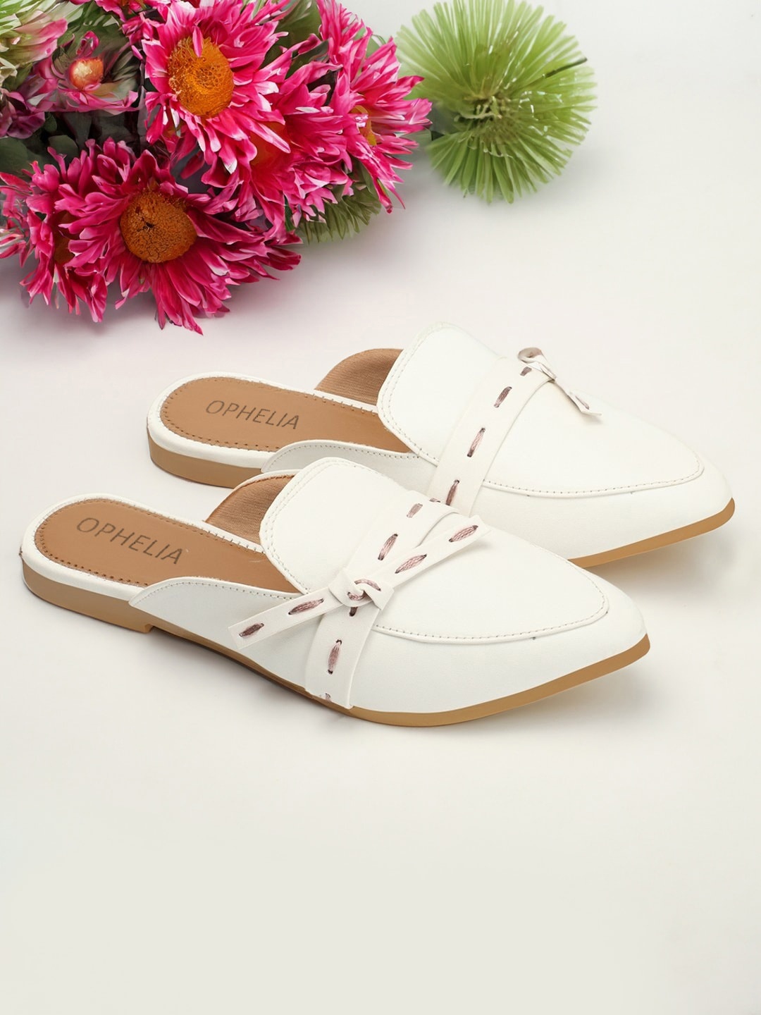 

OPHELIA Pointed Toe Mules With Bows, White