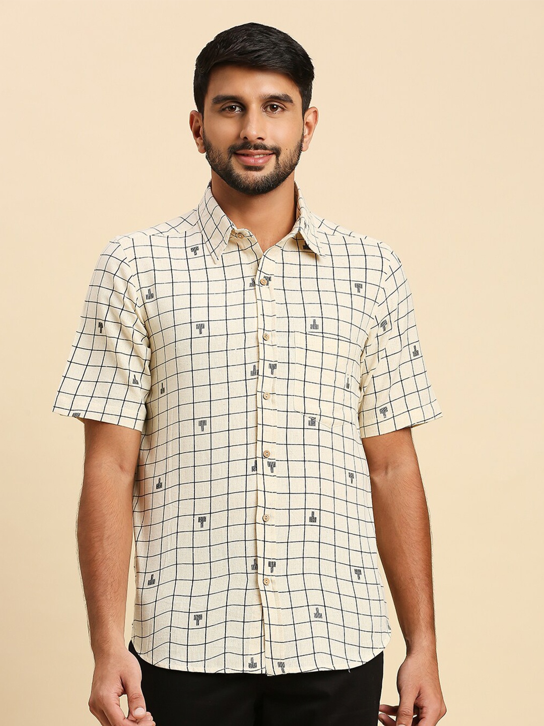 

Anubhutee Comfort Windowpane Checks Opaque Pure Cotton Casual Shirt, Off white
