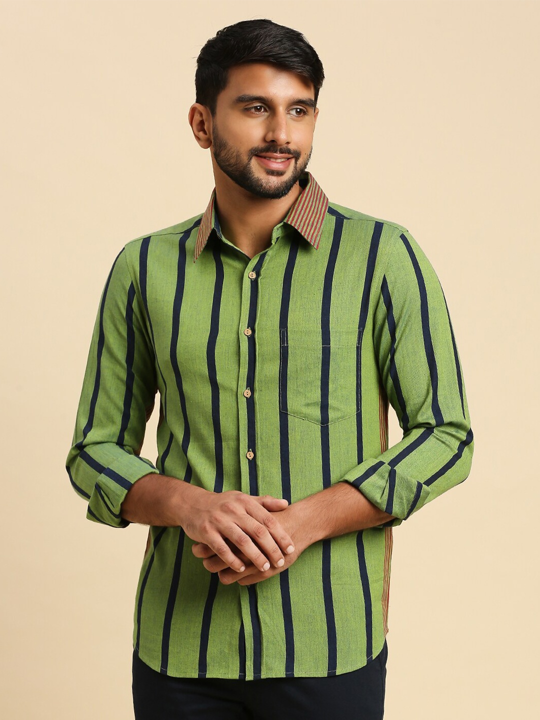 

Anubhutee Vertical Striped Casual Pure Cotton Casual Shirt, Green