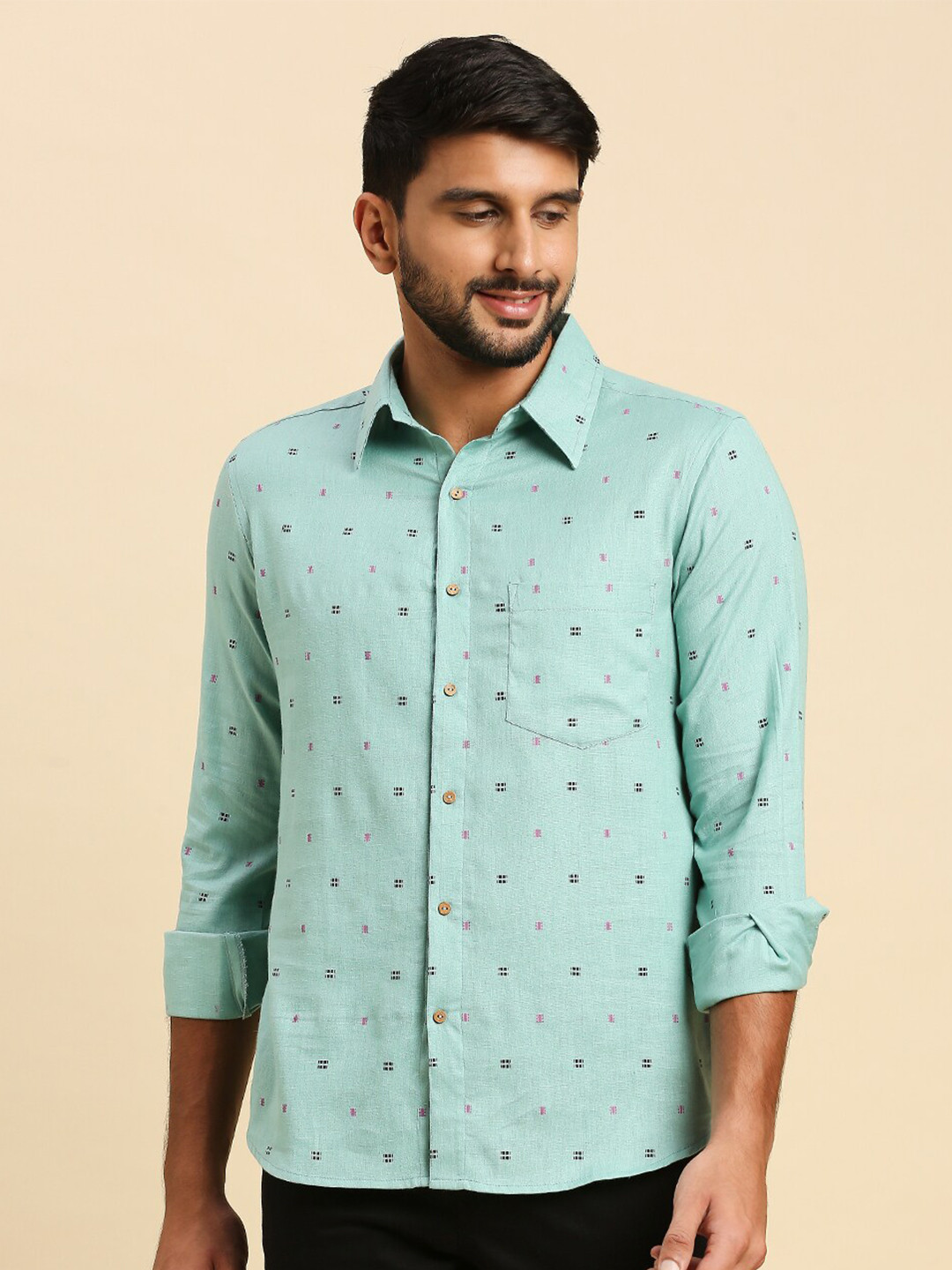 

Anubhutee Comfort Conversational Printed Cotton Linen Casual Shirt, Sea green