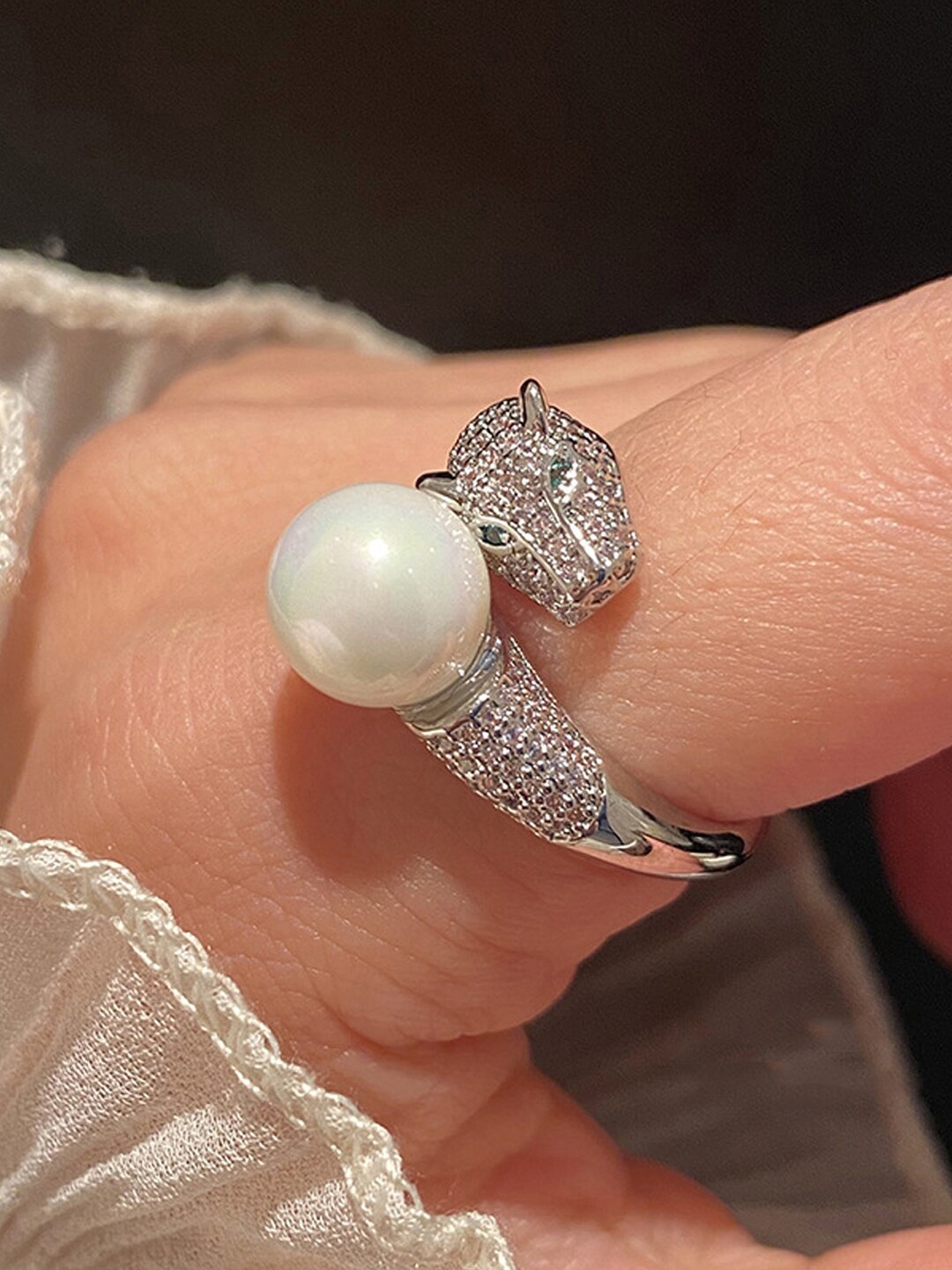 

Designs & You Silver Plated Pearl Studded Finger Ring