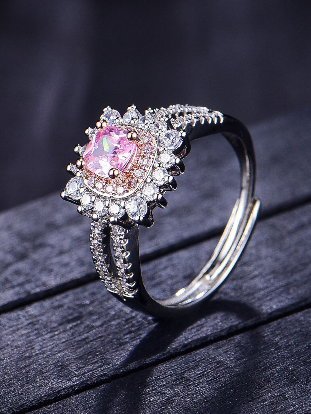 

Designs & You Silver Plated Ice Cut American Diamond Studded Finger Ring
