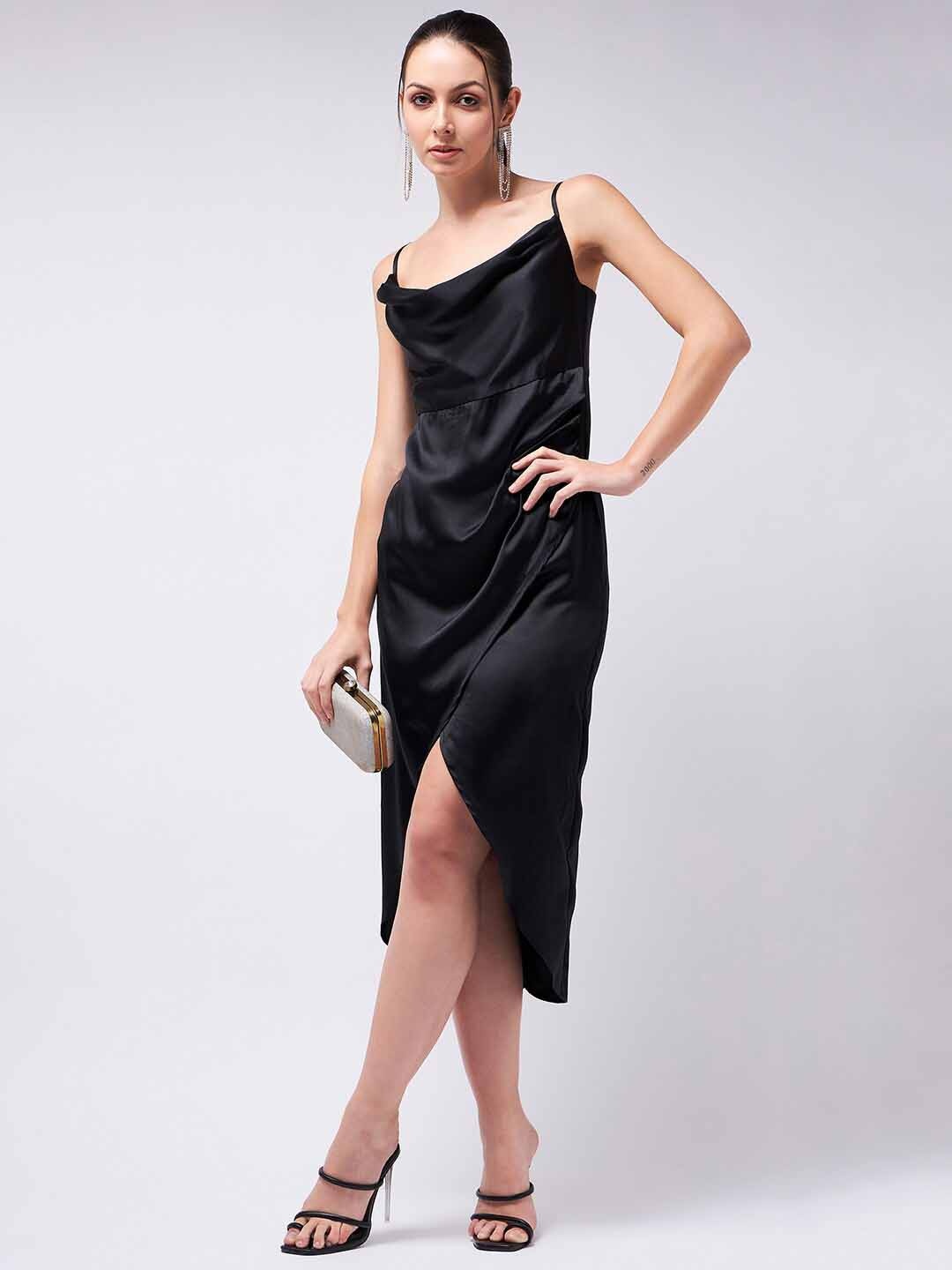 

COLOR CAPITAL Cowl Neck Satin Sheath Midi Dress, Black