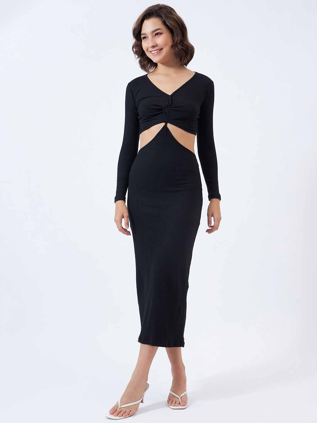 

COLOR CAPITAL V-Neck Cut Outs Cotton Sheath Midi Dress, Black