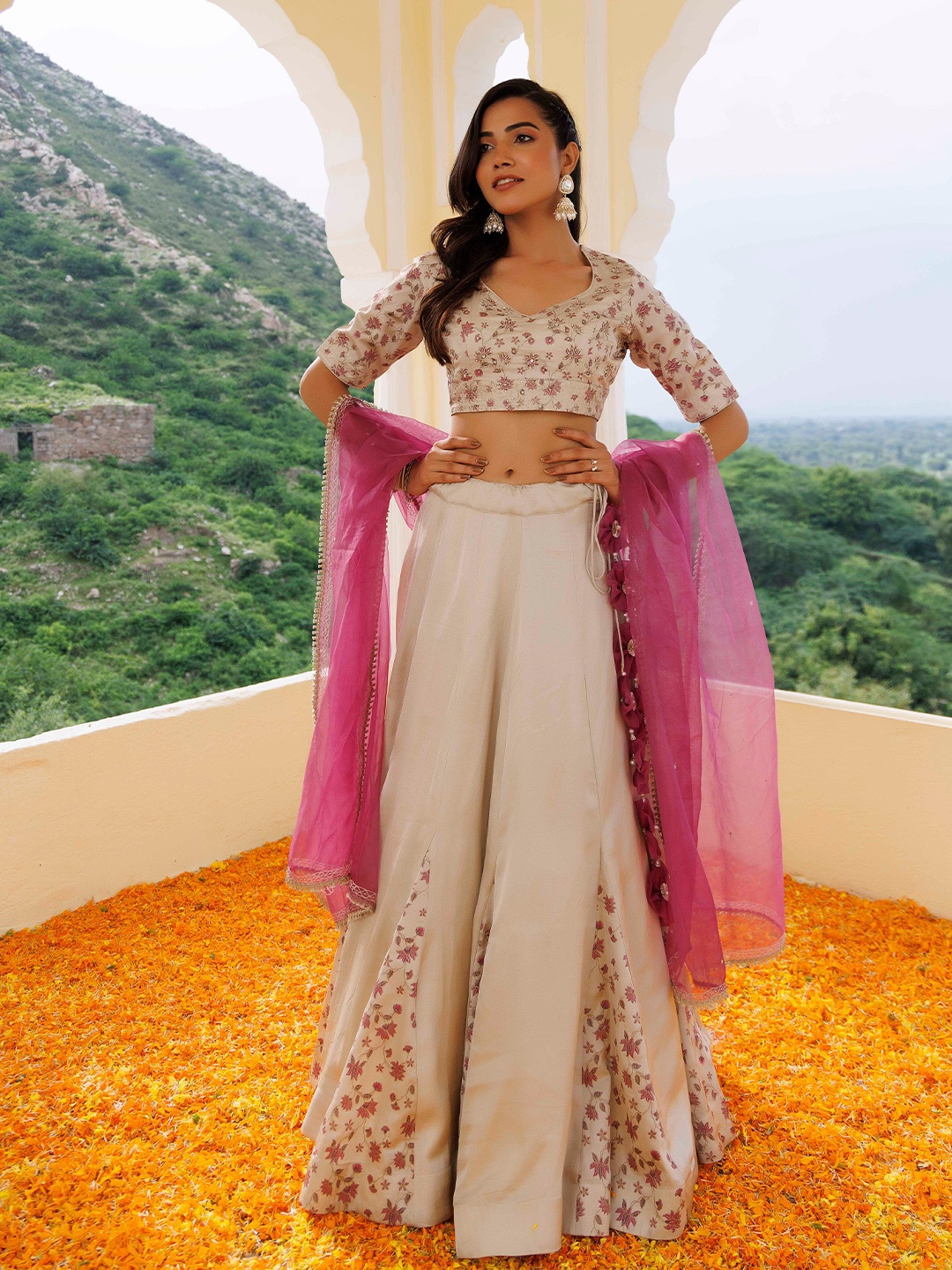 

Ragavi Floral Embroidered Ready to Wear Lehenga & Blouse With Dupatta, Grey