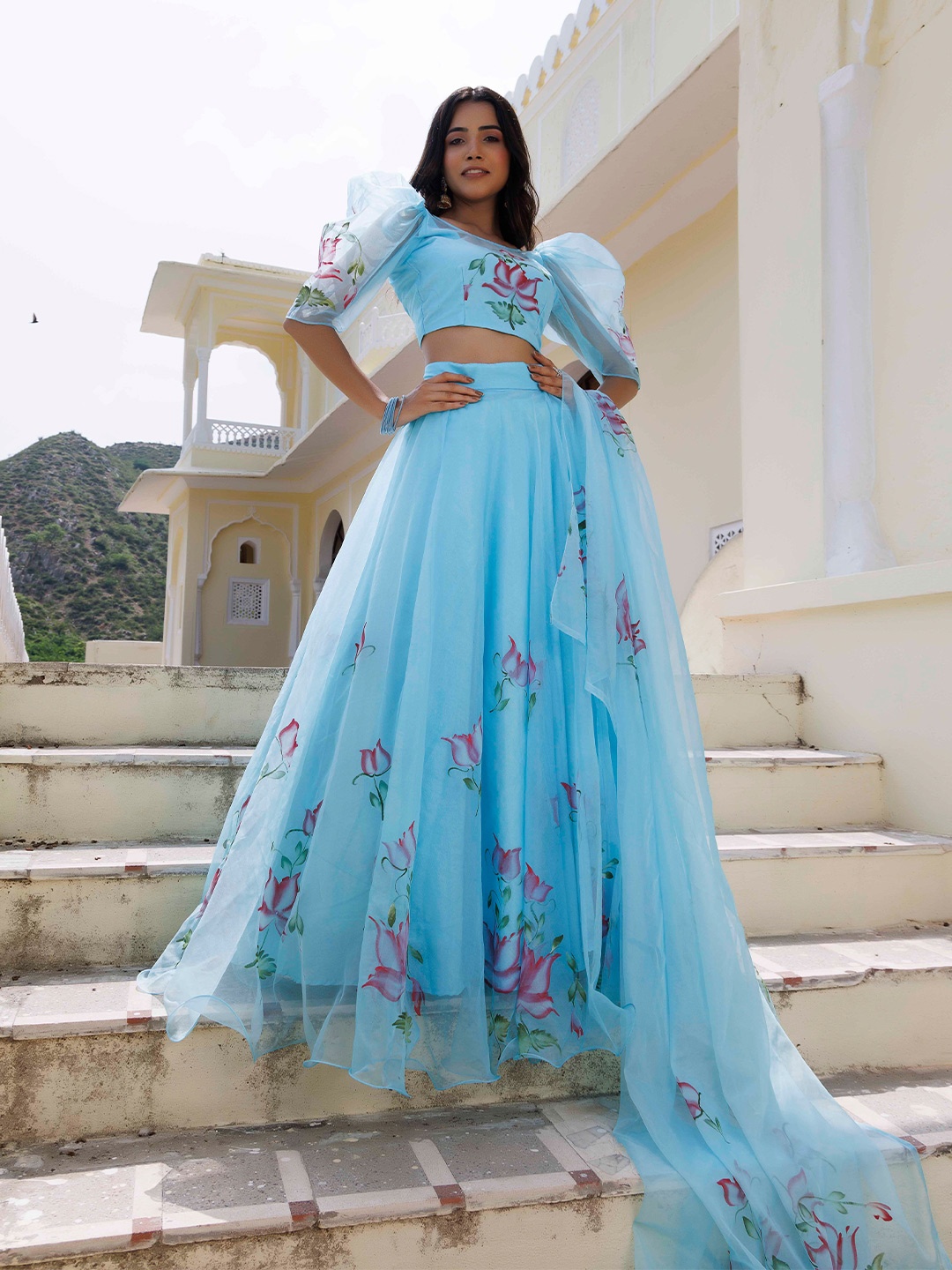 

Ragavi Floral Printed Puff Sleeve Ready to Wear Lehenga & Blouse With Dupatta, Turquoise blue