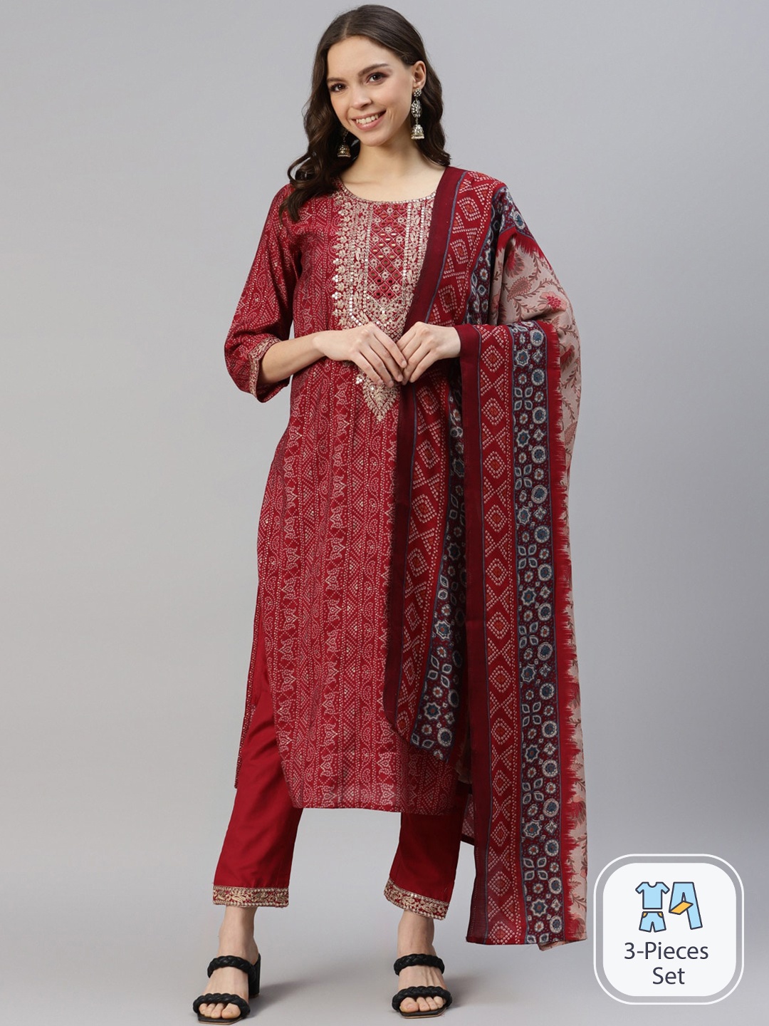 

Sangria Bandhani Printed Straight Kurta With Trouser & Dupatta Set, Maroon