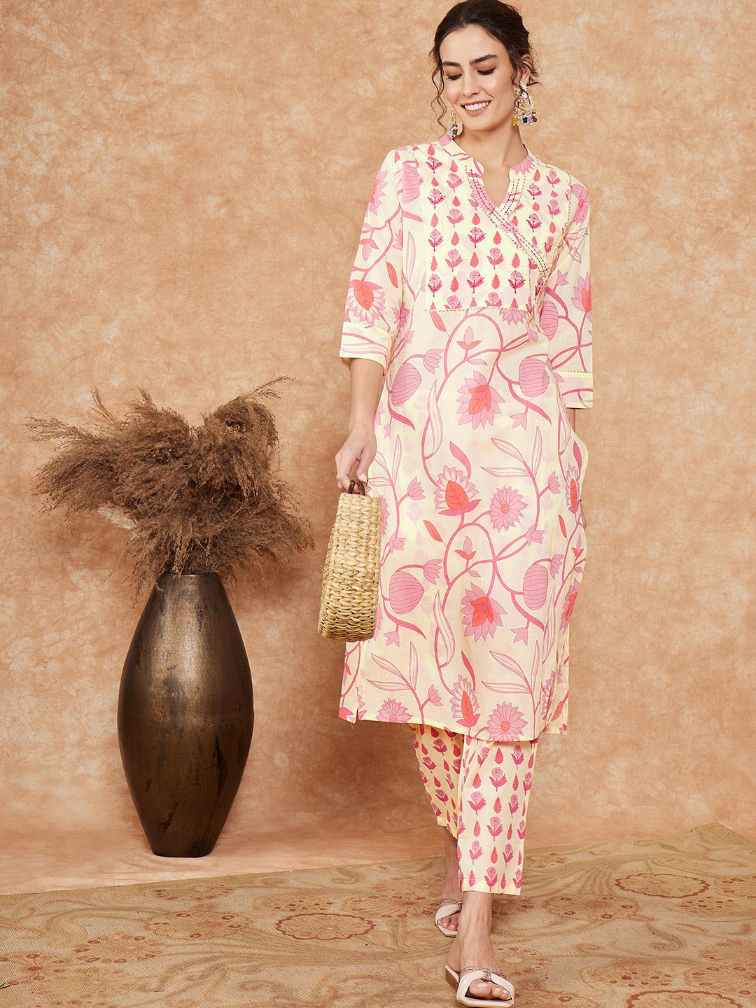 

Sangria Yellow Floral Printed Gotta Patti Pure Cotton Straight Kurta With Trouser Set