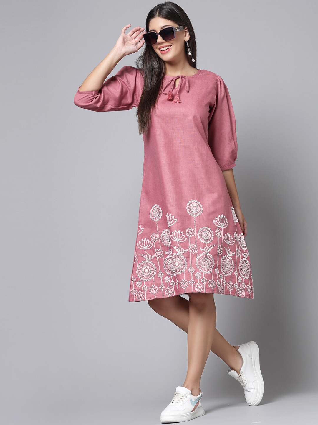 

KALINI Floral Embroidered Keyhole Neck Pure Cotton A-Line Dress, Pink
