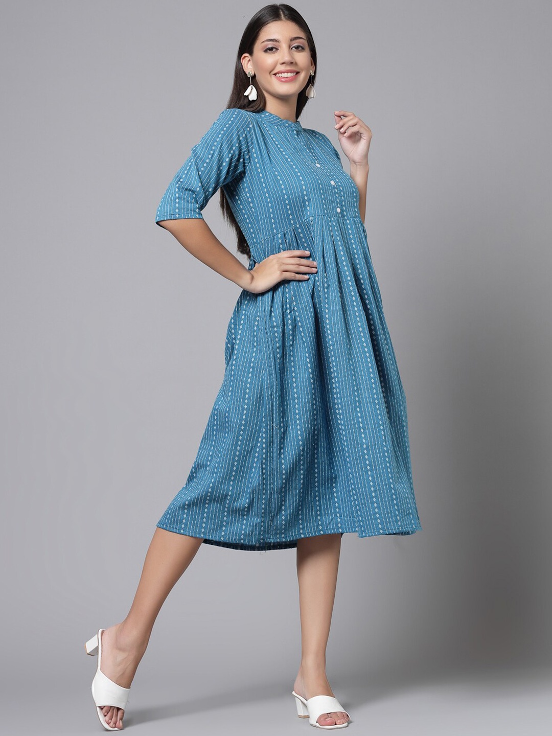 

KALINI Striped Mandarin Collar Pure Cotton Fit & Flare Dress, Blue