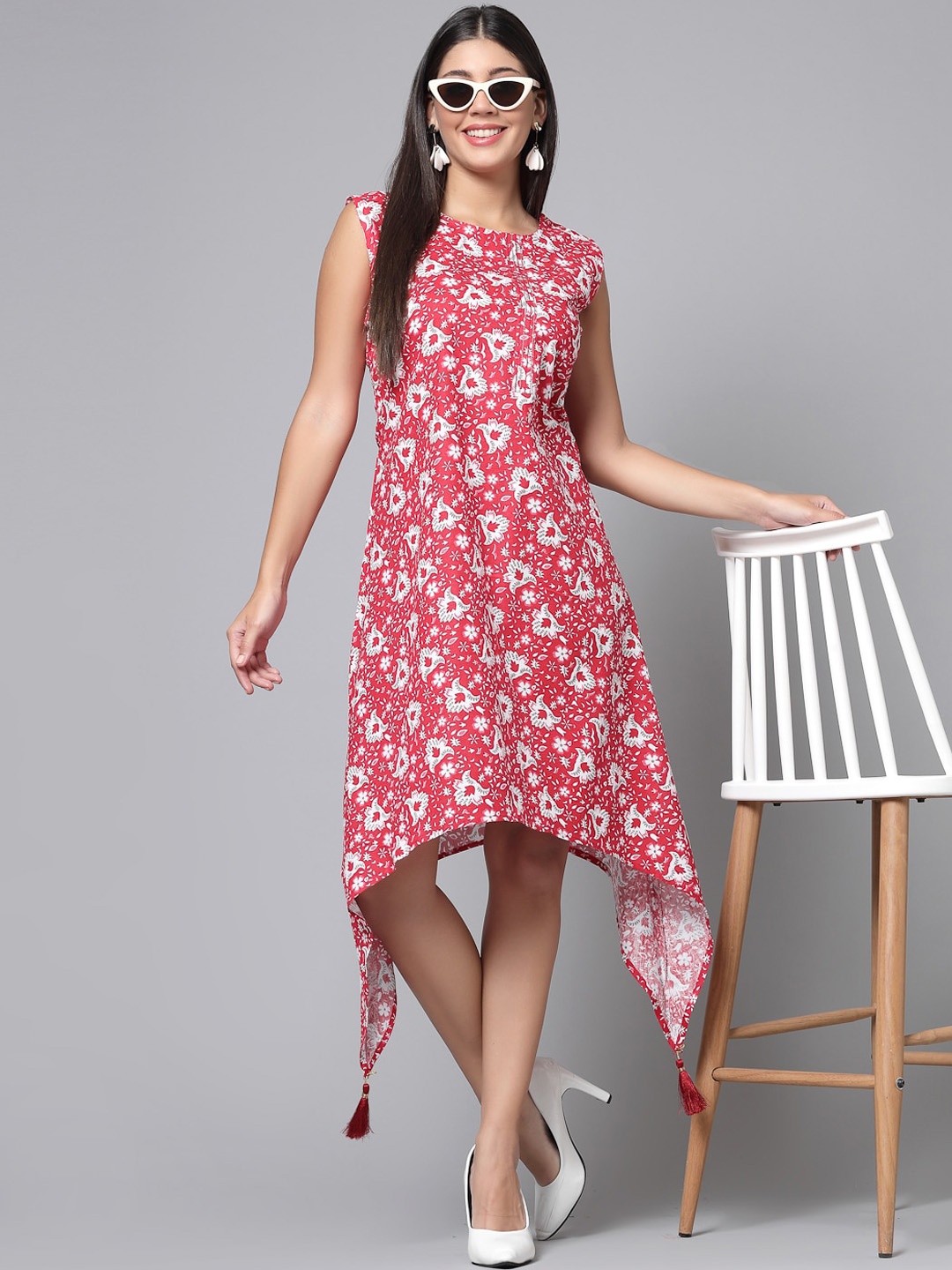 

KALINI Floral Printed Cotton A-Line Kurta, Red