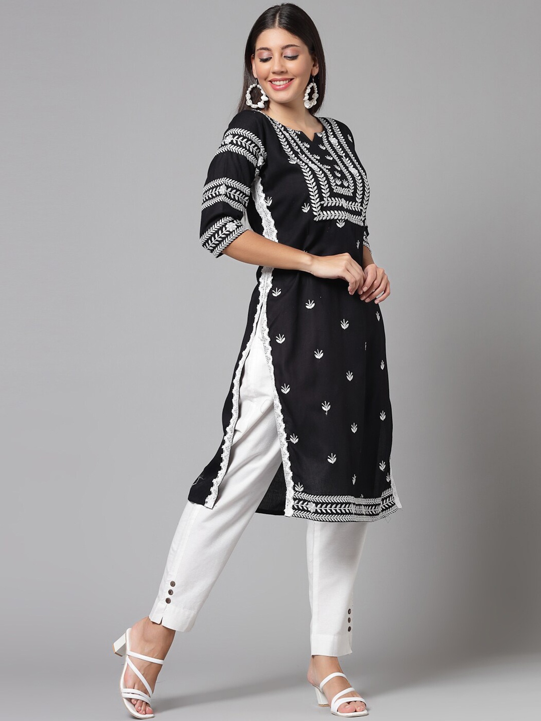 

KALINI Floral Embroidered Cotton Straight Kurta, Black