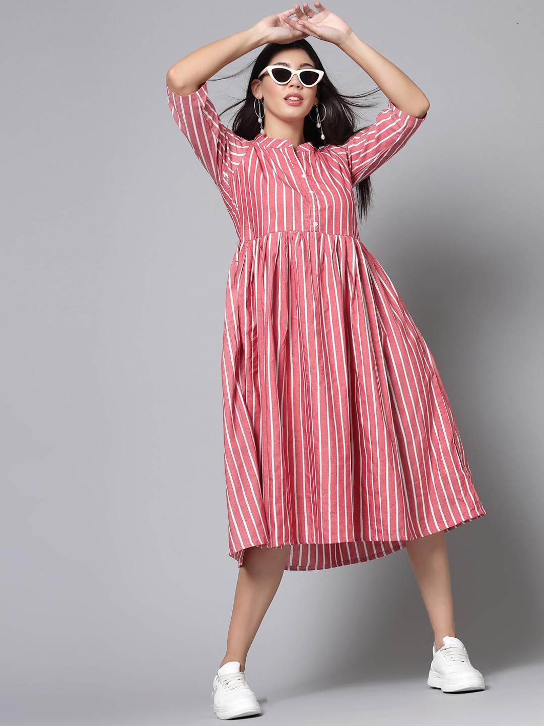 

KALINI Striped Mandarin Collar Gathered Fit & Flare Dress, Pink