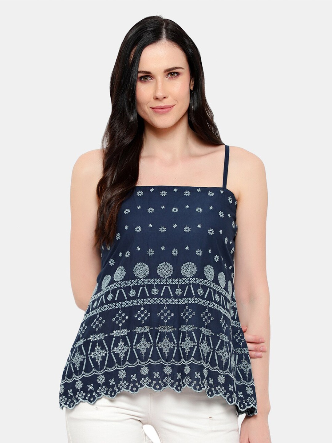 

URG Shoulder Straps Floral Embroidered Cotton Top, Navy blue