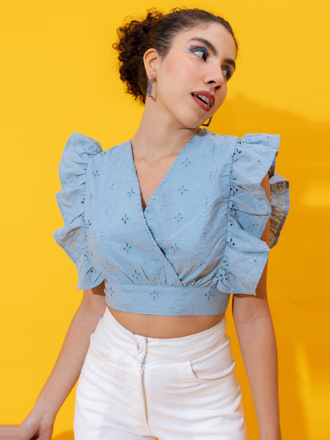 

Stylecast X Hersheinbox Self Designed V-Neck Flutter Sleeves Cotton Wrap Crop Top, Blue