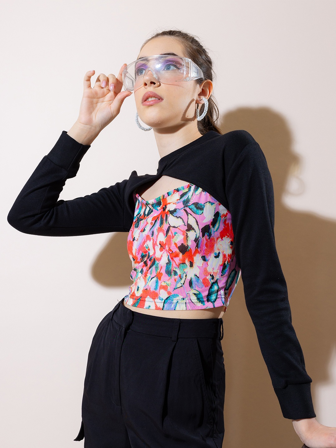 

Stylecast X Hersheinbox Navy Blue & Pink Floral Print Pure Cotton Crop Top, Multi