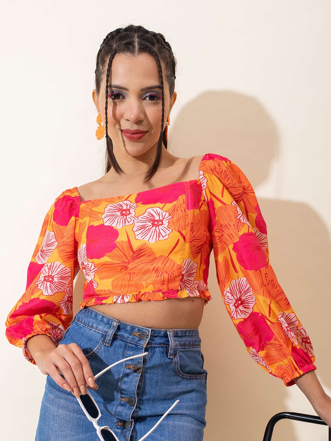 

Stylecast X Hersheinbox Floral Printed Square Neck Puff Sleeve Cotton Crop Top, Orange