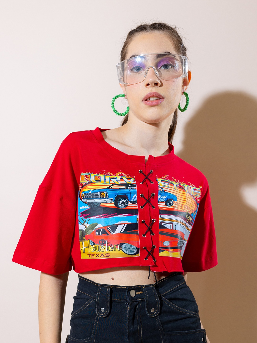 

Stylecast X Hersheinbox Red Graphic Printed Pure Cotton Crop Top