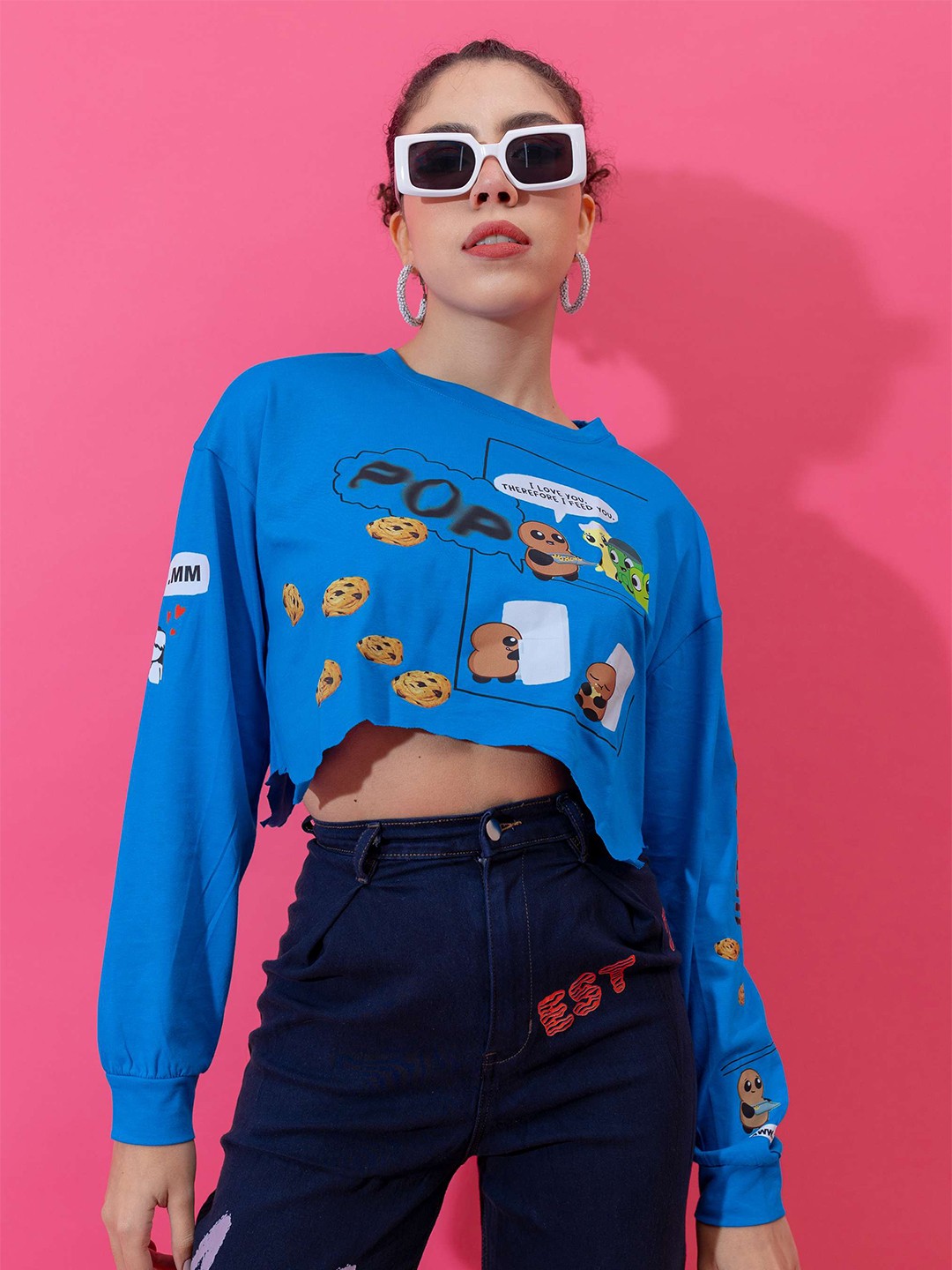

Stylecast X Hersheinbox Blue Graphic Printed Cuffed Sleeves Pure Cotton Crop Top