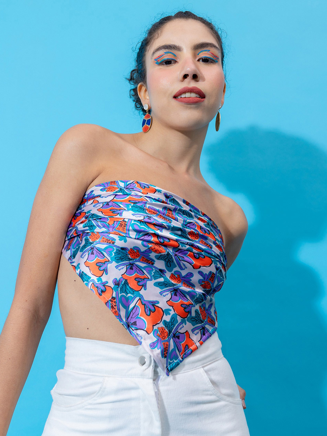 

Stylecast X Hersheinbox Blue & Orange-Coloured Printed Satin Tube Crop Top