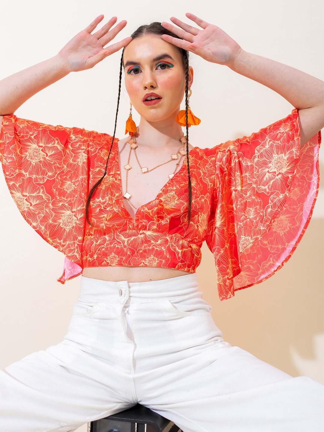 

Stylecast X Hersheinbox Orange Floral Printed Flared Sleeve Crop Top