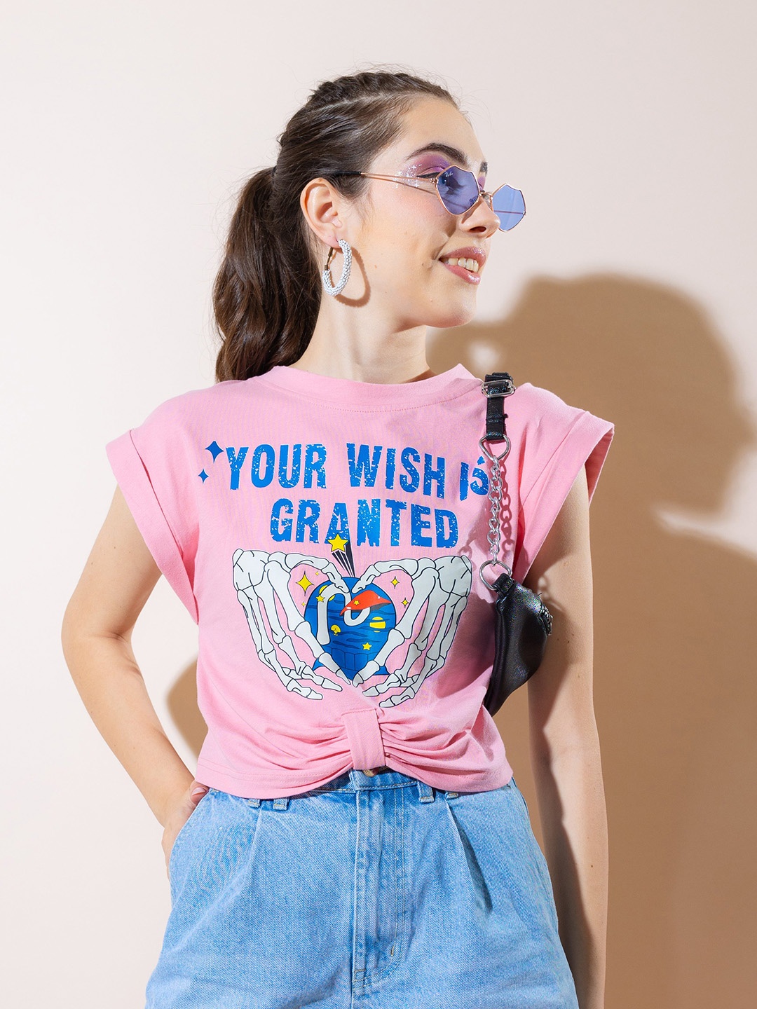 

Stylecast X Hersheinbox Pink & Blue Graphic Printed Extended Sleeves Pure Cotton Crop Top