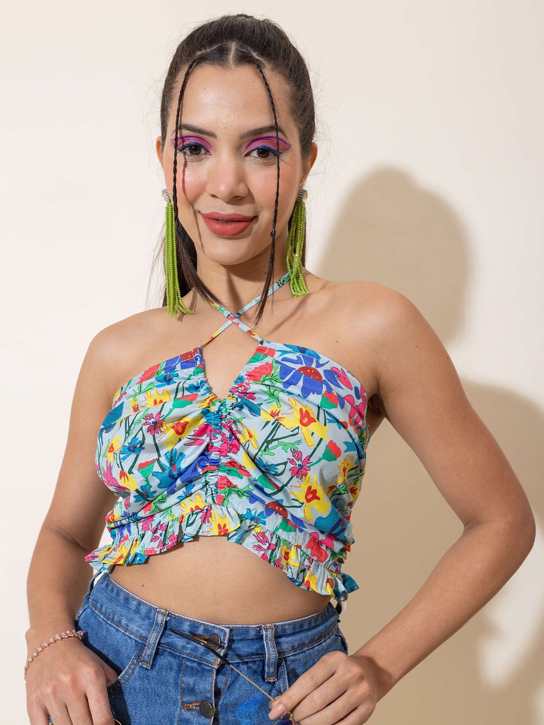 

Stylecast X Hersheinbox Floral Printed Satin Halter Neck Crop Top, Blue