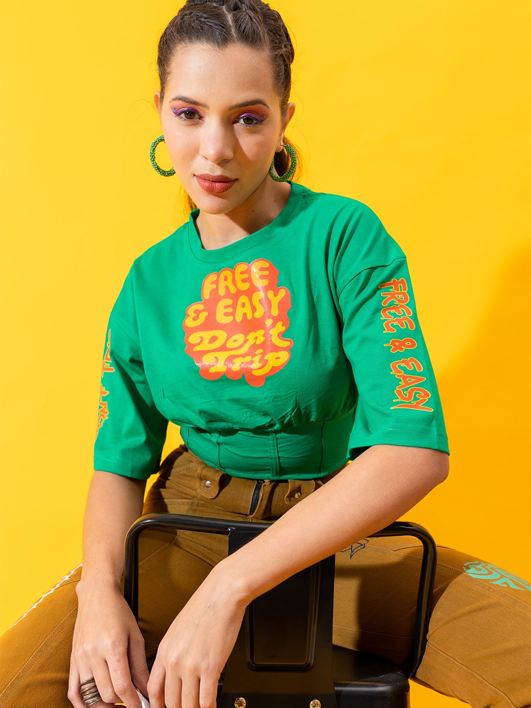 

Stylecast X Hersheinbox Green & Orange Typography Print Pure Cotton Top