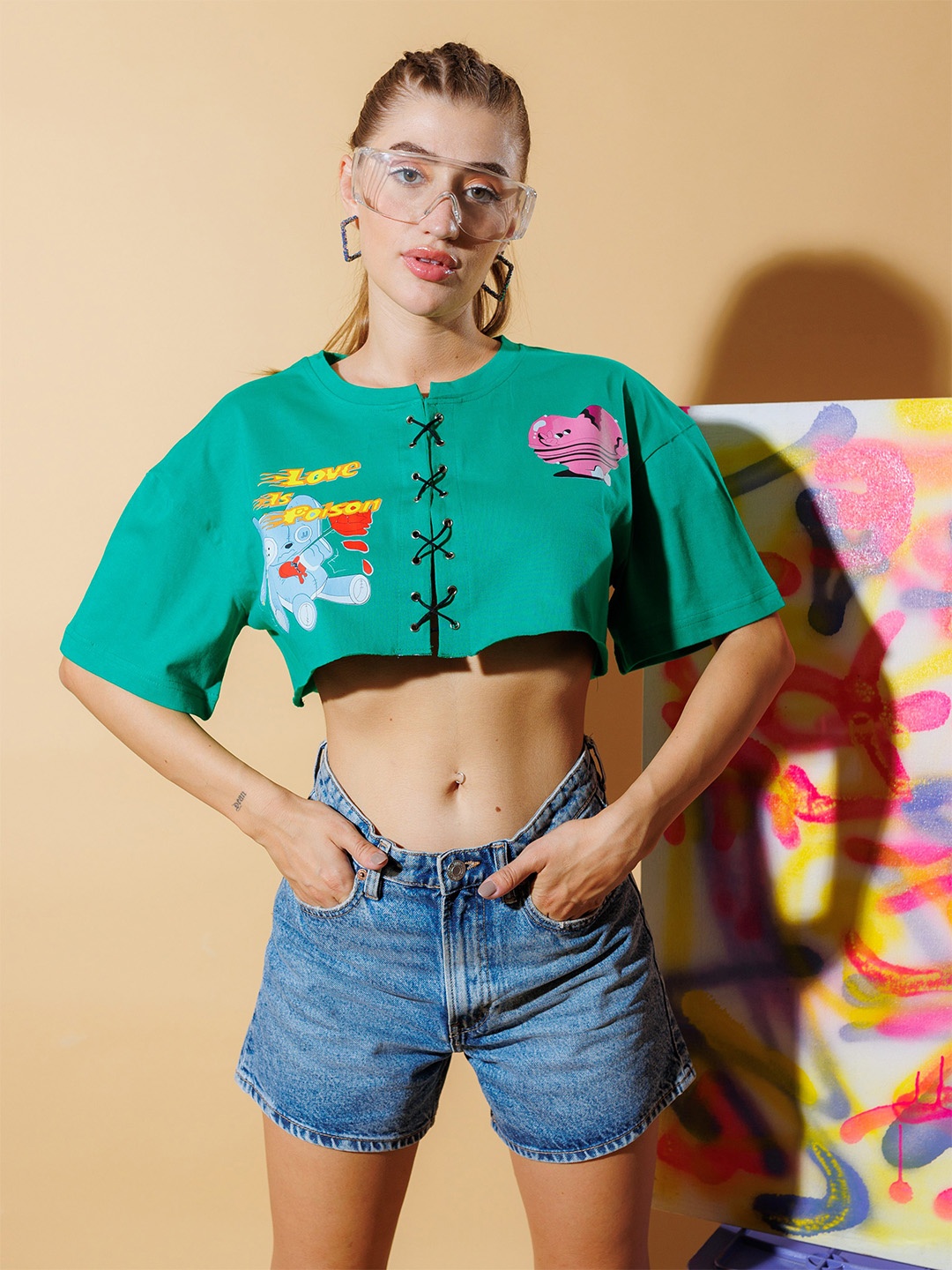 

Stylecast X Hersheinbox Green Floral Printed Cotton Crop Top