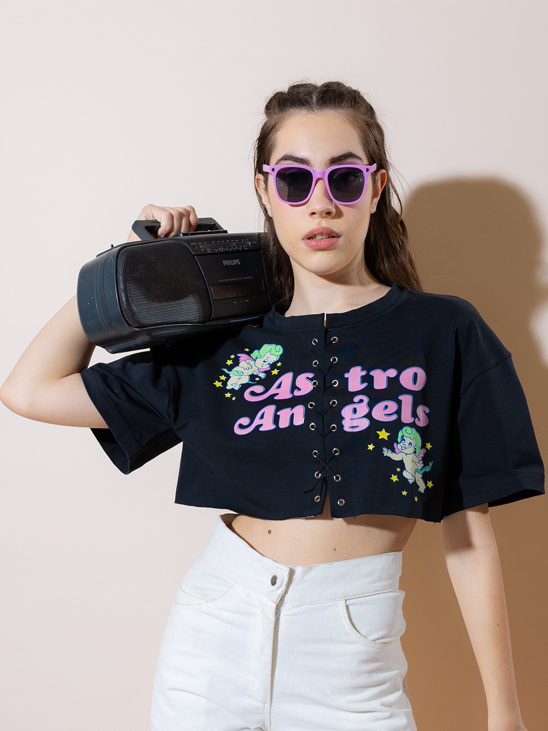 

Stylecast X Hersheinbox Black & Pink Typography Printed Pure Cotton Boxy Crop Top