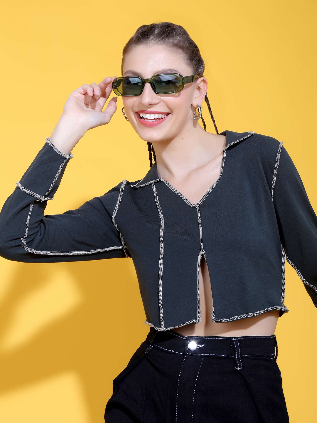 

Stylecast X Hersheinbox Shirt Collar Cotton Crop Top, Green
