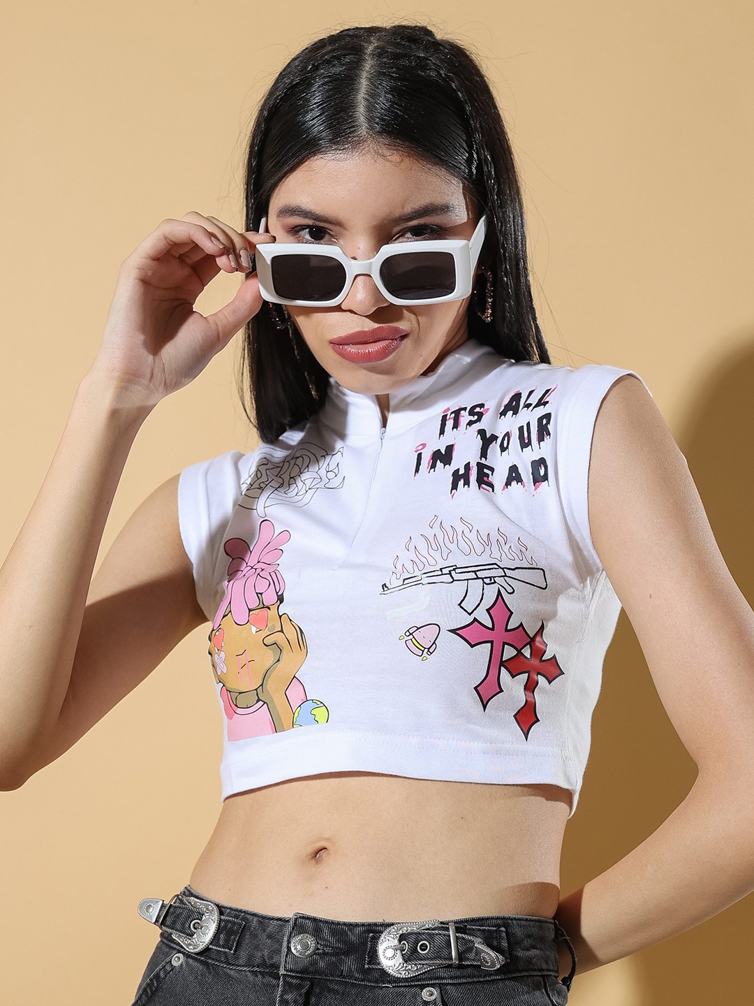 

Stylecast X Hersheinbox Floral Printed High-Neck Pure Cotton Top, White