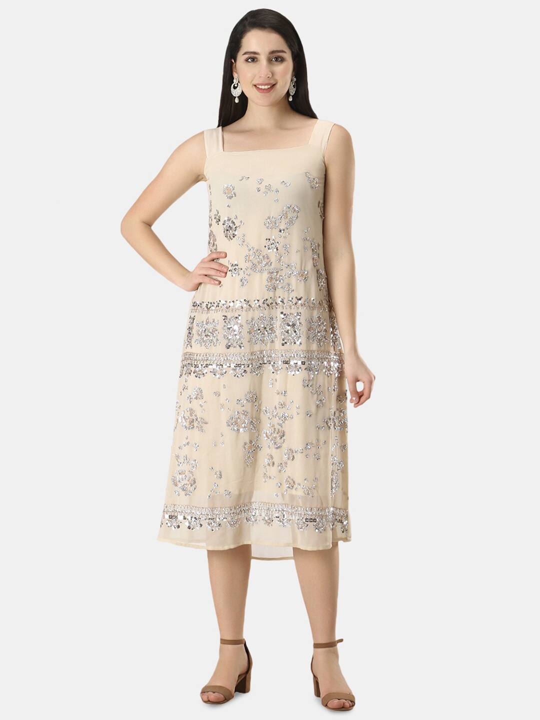 

URG Floral Embellished Sequinned A-Line Midi Dress, Beige
