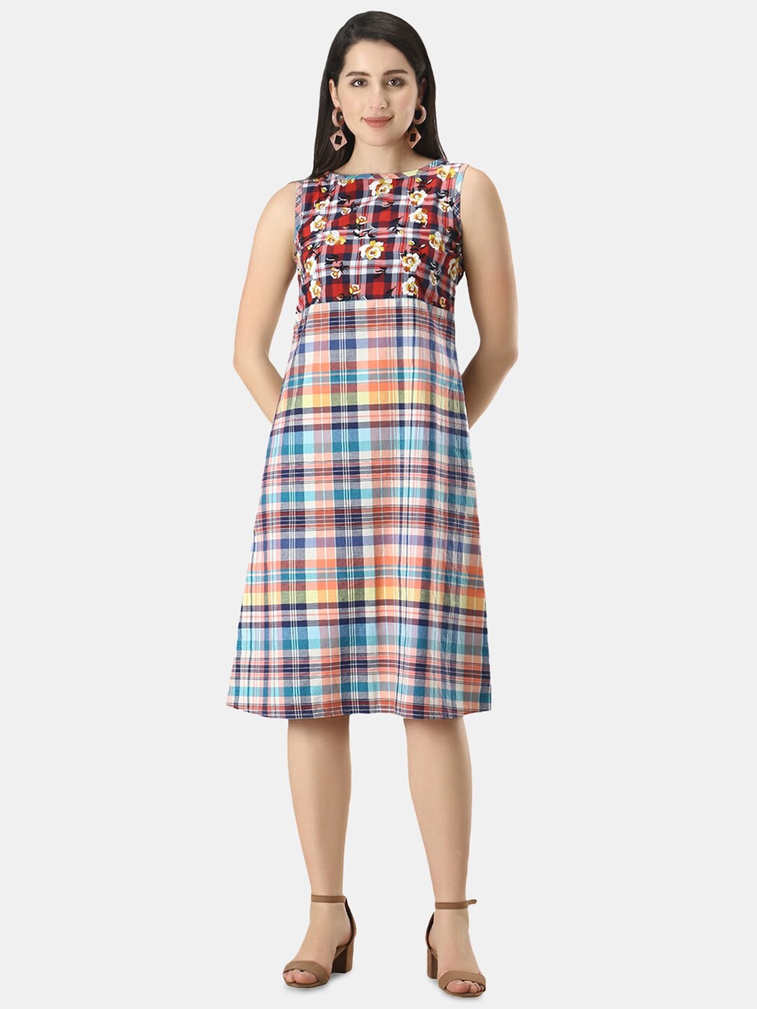 

URG Checked Cotton A-Line Dress, Blue