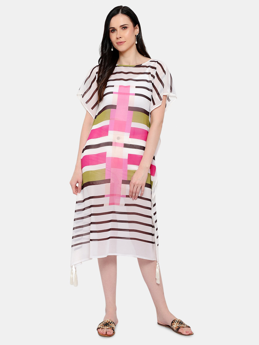 

URG Geometric Printed Kaftan Midi Dress, White