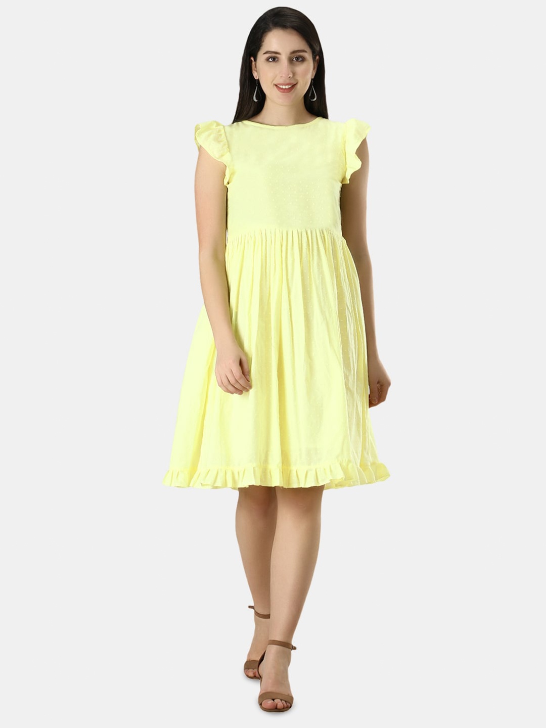 

URG Self Design Gathered or Pleated Cotton Fit & Flare Dress, Yellow