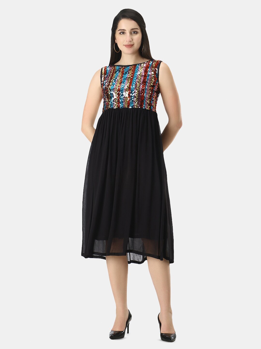 

URG Embellished Sequined Fit & Flare Midi Dress, Black