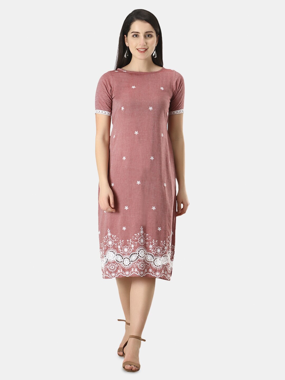 

URG Floral Embroidered Cotton A-Line Midi Dress, Pink