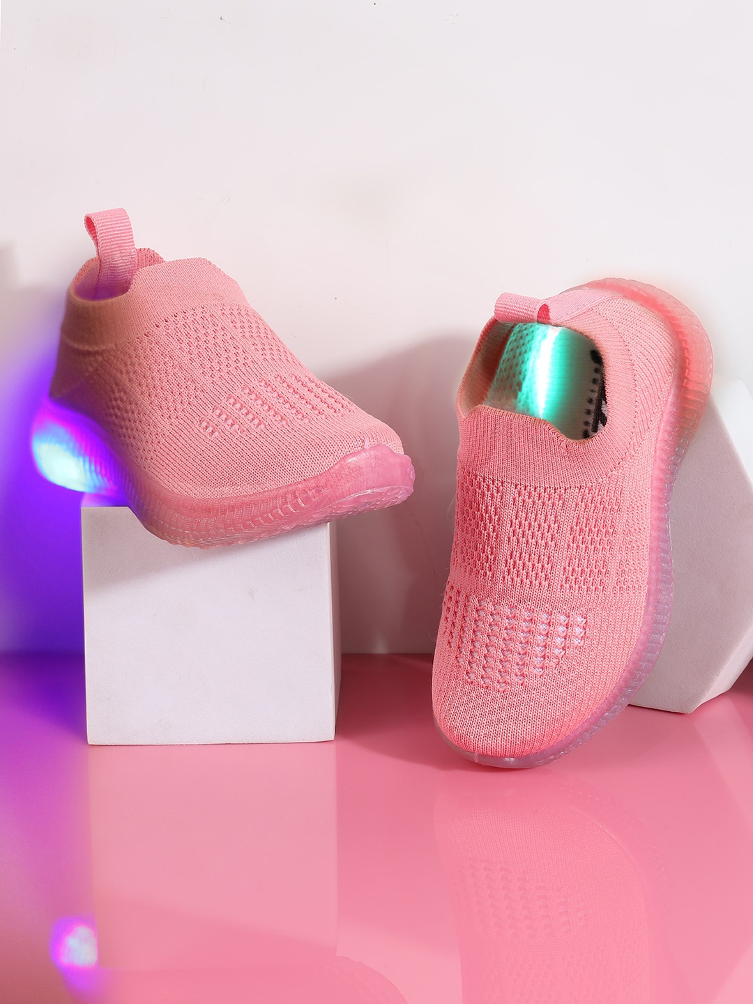 

Jazzy Juniors Kids Textured Lightweight Mesh Slip-On Sneakers With LED Lights, Pink