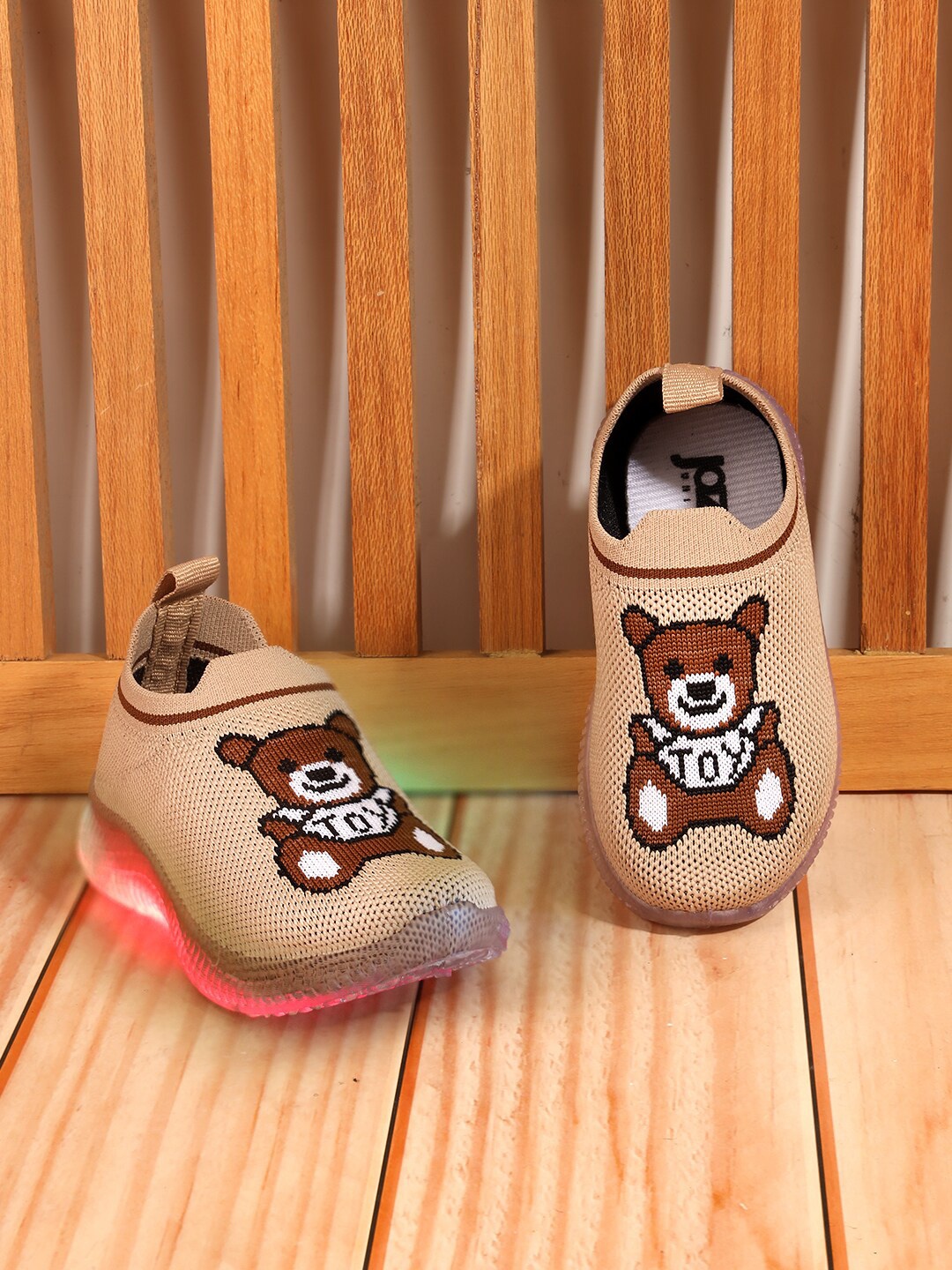 

Jazzy Juniors Kids Printed Lightweight Mesh Slip-On Sneakers With LED Lights, Beige