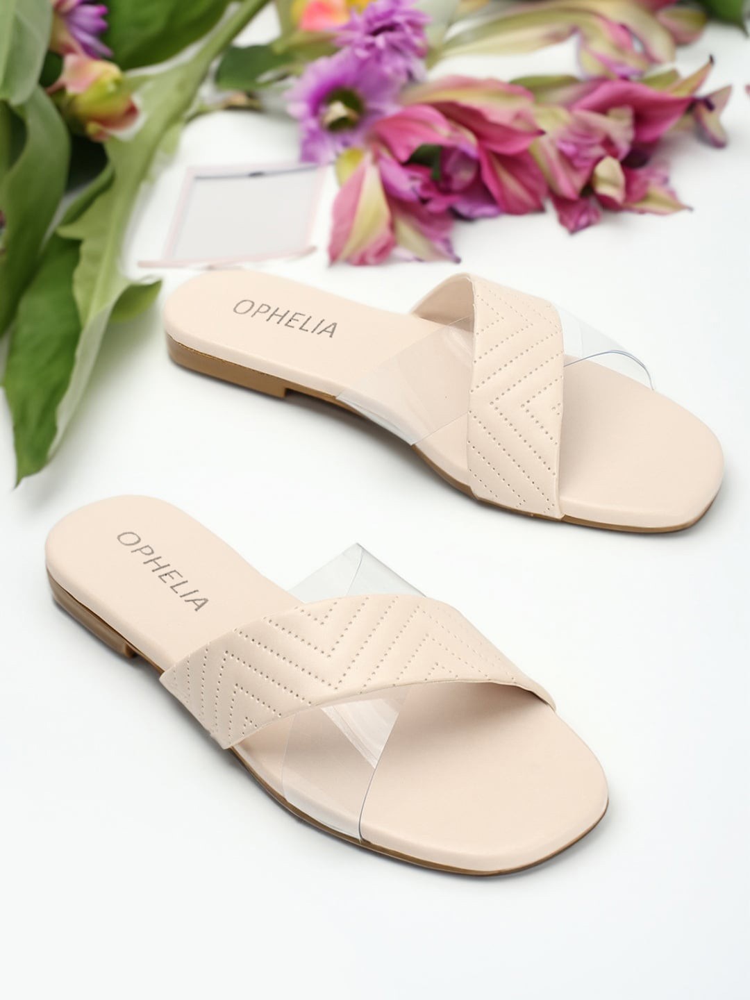 

OPHELIA Textured Open Toe Flats, Cream