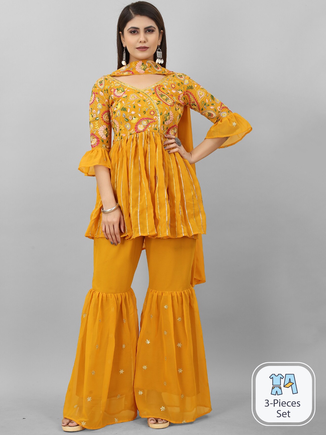 

Angroop Floral Motifs V-Neck Bell Sleeve Pleated Thread Work Kurta Set With Dupatta, Mustard