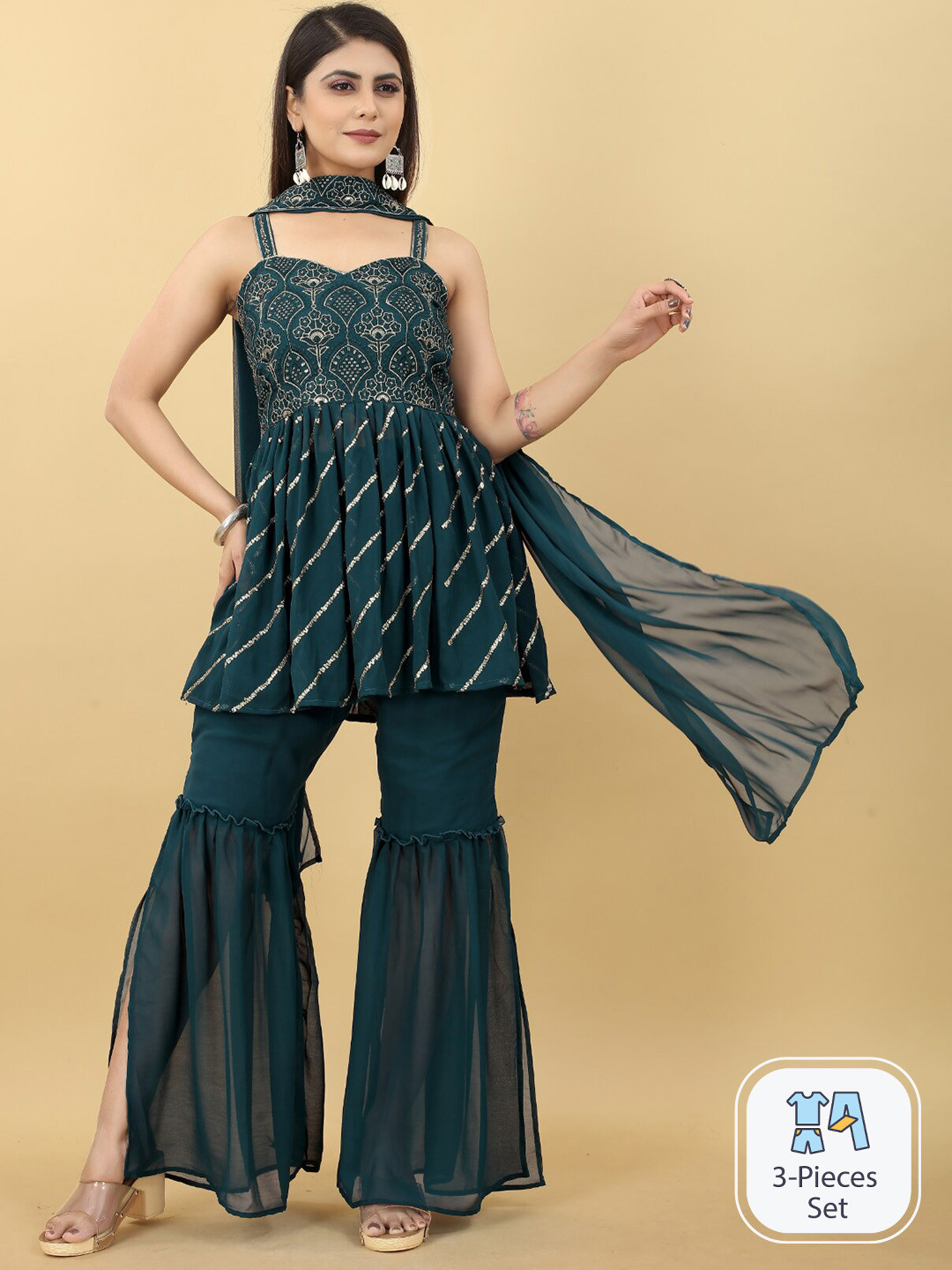 

Angroop Ethnic Motifs Shoulder Strap A-Line Pleated Sequinned Kurta Set With Dupatta, Teal
