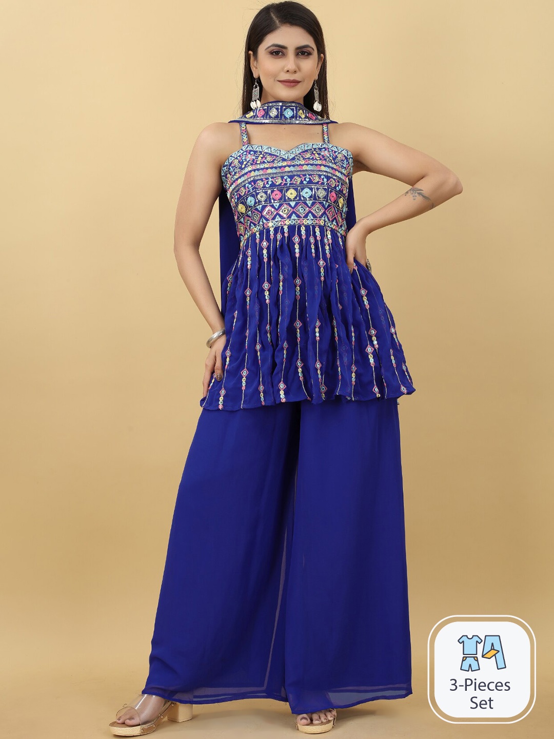 

Angroop Ethnic Motifs Shoulder Strap A-Line Pleated Sequinned Kurta Set With Dupatta, Blue