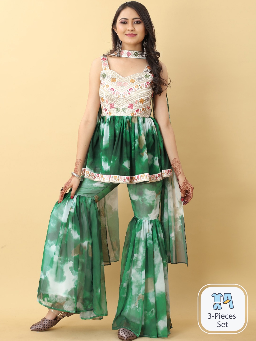 

Angroop Ombre Dyed Sequinned Kurti With Sharara & Dupatta, Green