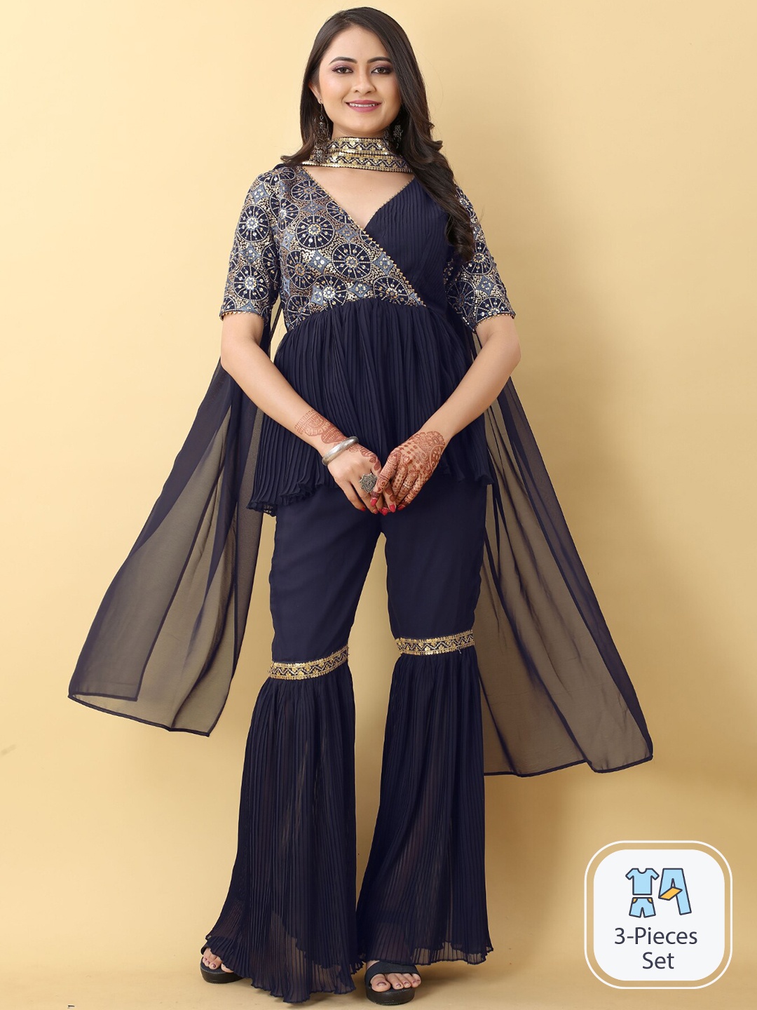 

Angroop Ethnic Motifs Printed Gotta Patti Angrakha Kurti With Sharara & Dupatta, Navy blue