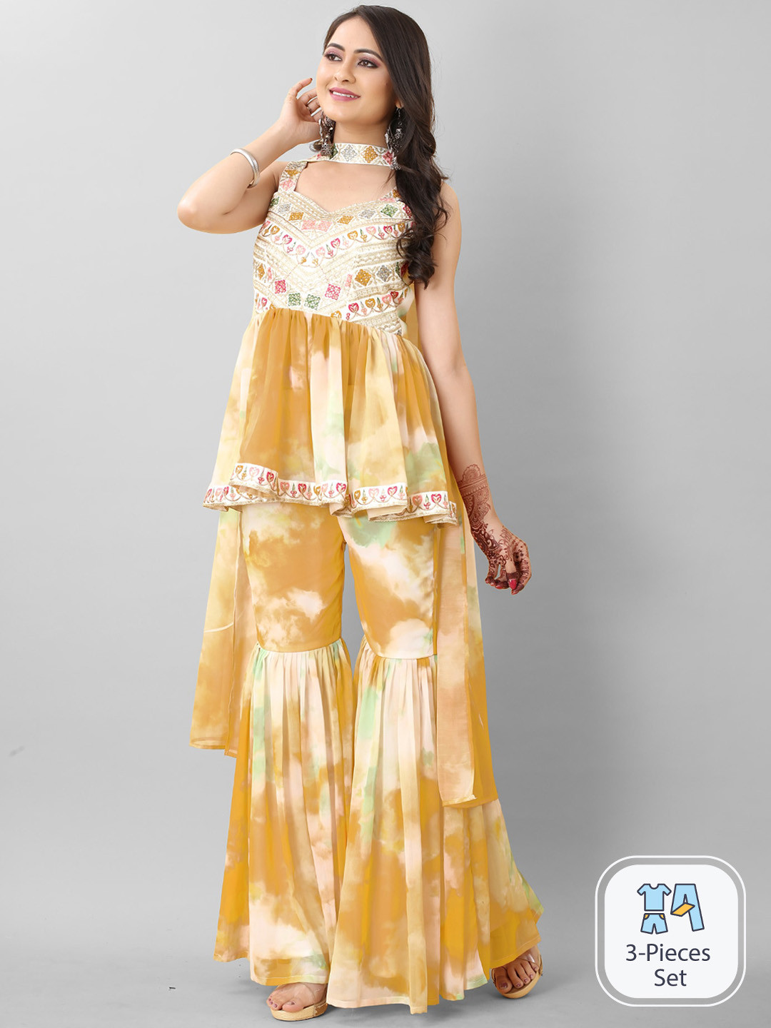 

Angroop Abstract Printed Thread Work Detailed A-Line Kurti & Sharara With Dupatta, Yellow