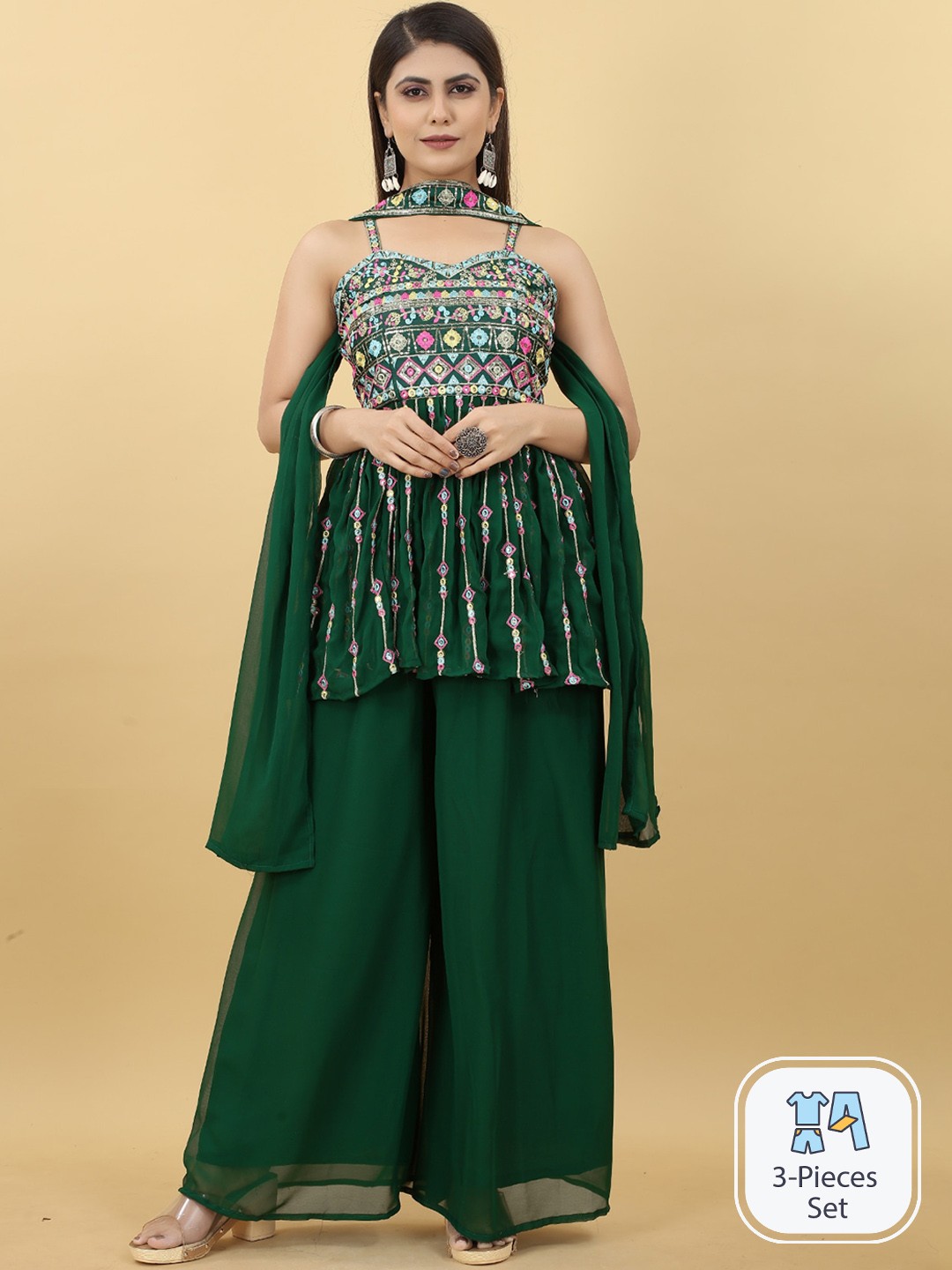 

Angroop Ethnic Motifs Shoulder Strap A-Line Pleated Sequinned Kurta Set With Dupatta, Green